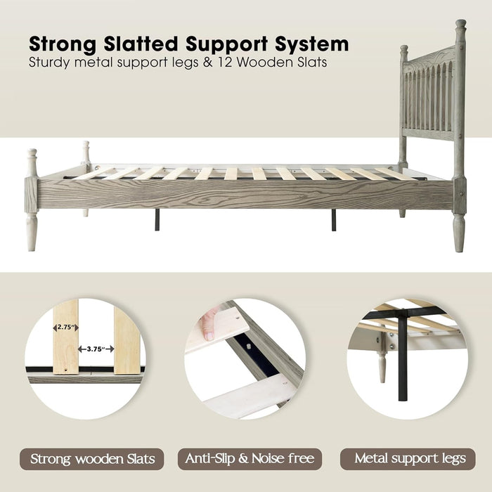 Queen Size Bed Frame, Solid Wood Platform Bed with Headboard & Footboard, Central Metal Legs, 12 Sturdy Slatted Base, Anti-Noise & Slip-Free, No Box Spring Needed, Weathered Gray Oak Finish WCQ-34