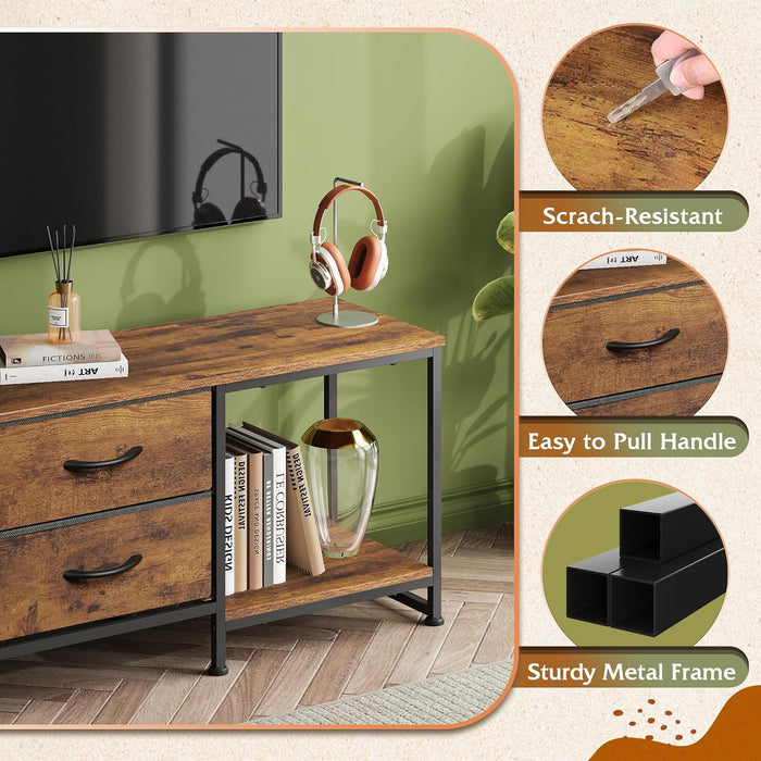 TV Stand Dresser with 2 Drawers, Entertainment Center for 50" Inch TV with Open Storage Shelves, Industrial Media Console for Bedroom, Living Room, Rustic Brown