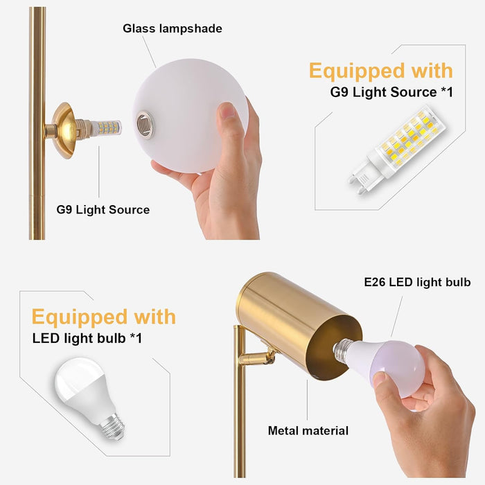 Gold Brass Brushed Floor Lamp, 3-Color Dimmable Bulb, 63" Tall