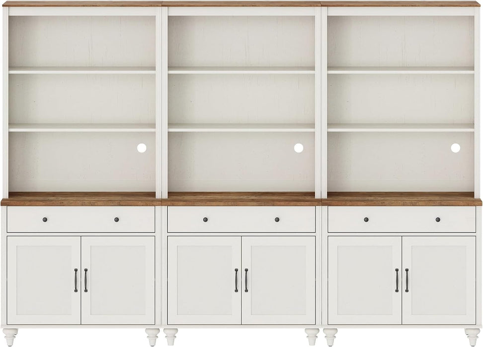 5 Tier Bookshelf 72" Tall Bookcase with Barn Doors, Large Farmhouse Display Book Shelf with 3 Drawers and Storage Cabinet, 3-In-1 Library Wood Bookshelves for Living Room or Kitchen, White