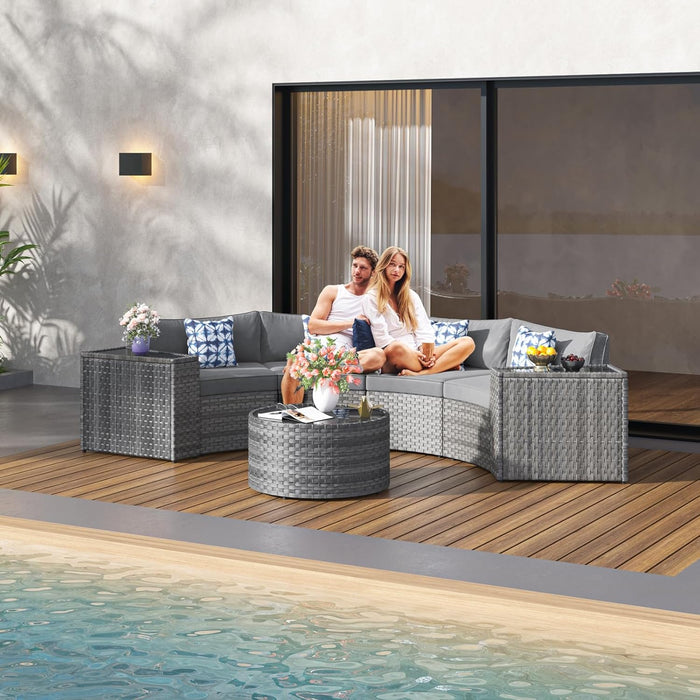 Outdoor Patio Furniture Set with Coffee Table,7 Pieces Half-Moon Curved Outdoor Sectional Sofa and Side Table Waterproof Cover, Wicker Rattan Patio Coversation Set for Porch,Backyard,Pool(Grey)