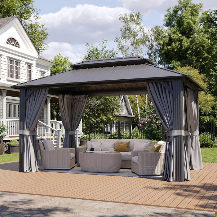 10x14ft Hardtop Gazebo Outdoor Patio With Curtains