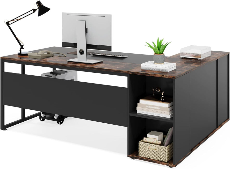 71 Inch Executive Desk, L Shaped Desk with Cabinet Storage, Executive Office Desk with Shelves, Business Furniture Desk Workstation for Home Office, Brown and Black