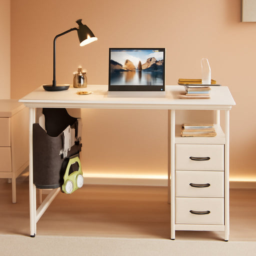 32-Inch Small Vanity Desk with Fabric Drawers and Charging Station, Kids Girls Teen Study Writing Desk for Bedroom, Home Office Computer Desk with Storage Shelf & Bag for Small Space, White