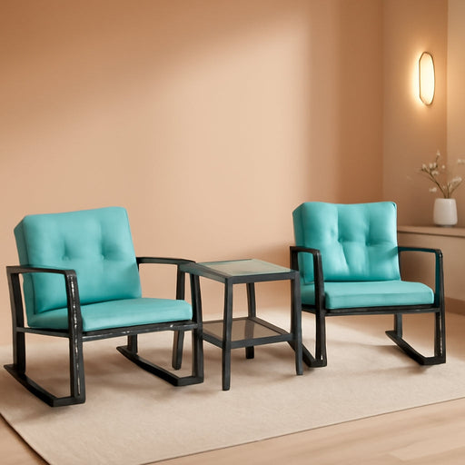 Outdoor Conversation Sets Rattan Furniture Wicker Rocking Chairs with Blue Cushions and Glass Coffee Table for Balcony Poolside Garden Patio Porch Backyard