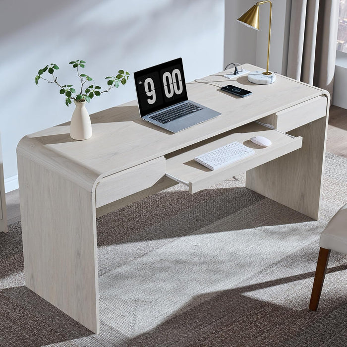 63" Modern Computer Desk with 2 Drawers, Wood Curved (Cream)