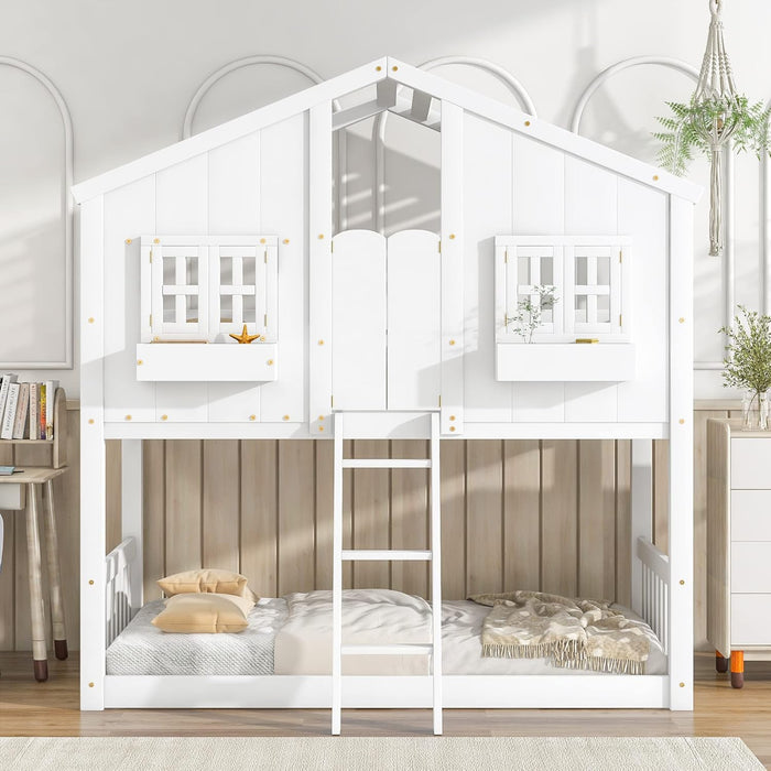 White SolidWood Playhouse BunkBed TwinOverTwin WithRoof Kids