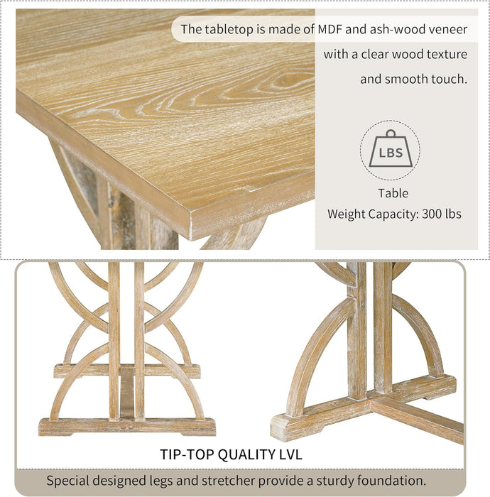 Solid Wood Kitchen Dining Room Table Set with Bench and Chairs for 6 Persons, Dining Table Set with with Rectangulars Table and Upholstered Seat, Natural Wood Wash