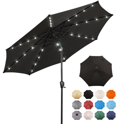 9 FT 32 LED Patio Solar Umbrella W/ Push Button Tilt and Crank Outdoor Umbrella Black