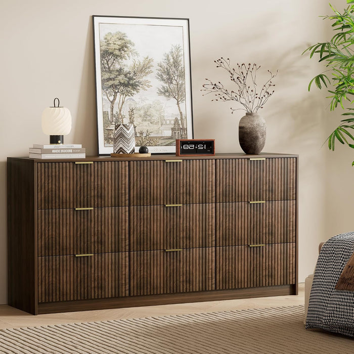 Walnut Dresser for Bedroom, Modern Dresser with 9 Drawers and Smooth Slides, Wide Chest of Drawers with Golden Handles for Bedroom, Living Room, Closet, 15.7" D X 63" W X 31.5" H