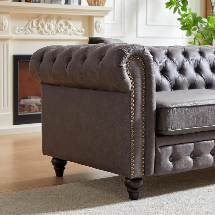 2-Piece Tech Fabric Upholstered Living Room Sofa Set, Including 3-Seater Sofa and Loveseat with Button and Copper Nail on Arms, Four Pillows Included, Grey