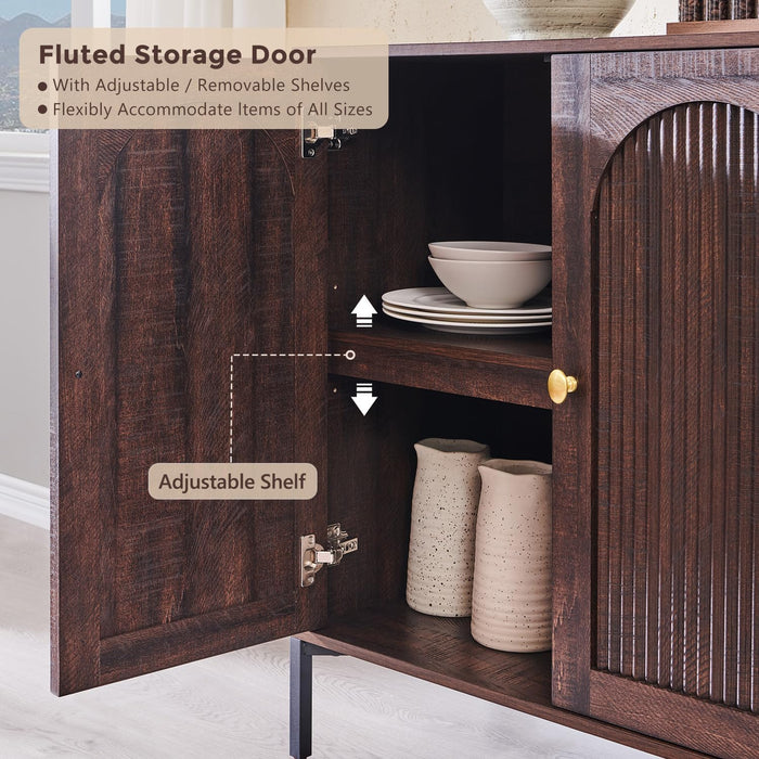 92.63" W Modern Arched Sideboard Buffet Cabinet with Storage, Brown | Fluted Arch Sideboard Cabinet W/Adjustable Shelves, Wooden Modular Kitchen Cabinet for Dining& Living Room, Entryway