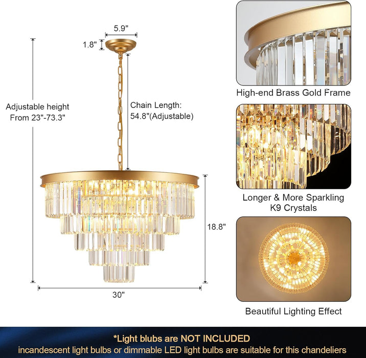 Large Crystal Chandeliers 30’’ Modern Gold round Chandeliers for High Ceiling K9 5-Tier Large Ceiling Chandelier Light Fixtures Luxury Chandelier for Staircase Foyer Living Room