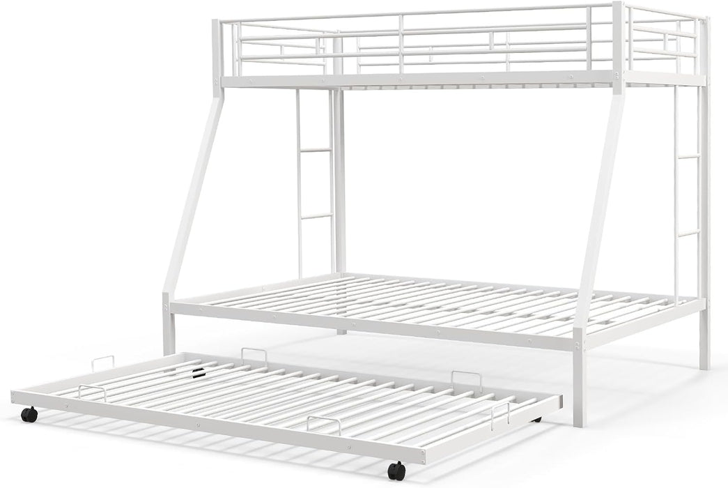 Twin over Full Bunk Bed with Trundle, Heavy-Duty Metal Bunk Bed Frame with Guardrail & 2 Ladders, Space-Saving Bunk Bed for Kids/Teens/Adults, No Box Spring Needed