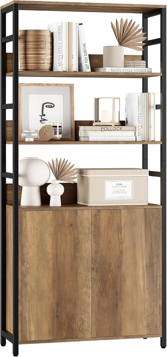 71" Tall Bookshelf with Doors and Adjustable Shelf, Brown | Industrial Display Standing Shelf Rack with 3-Tier Shelves, Bookcase with Protective Rails for Living Room, Office