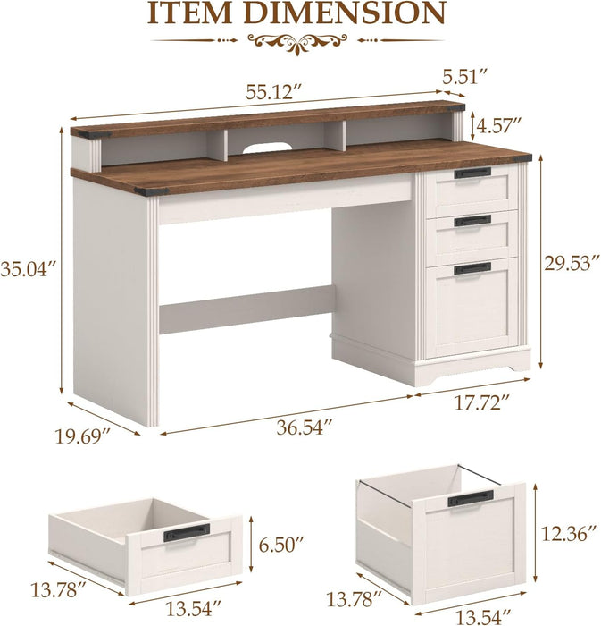55" Farmhouse Executive Desk with 3 Drawers, Wooden Computer Desk with Keyboard Tray, Home Office Desk with File Drawer (Fits A4 Size) for Work and Study, White and Brown