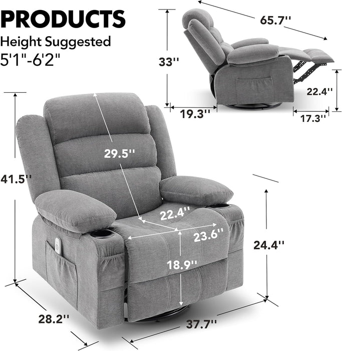 Rocker Recliner Chair with Heat and Massage, 360° Swivel Recliner Chairs for Adults, Oversized Recliner Single Sofa Seat with Cup Holders, Lazy Boy Recliner Single Sofa Seat, Grey