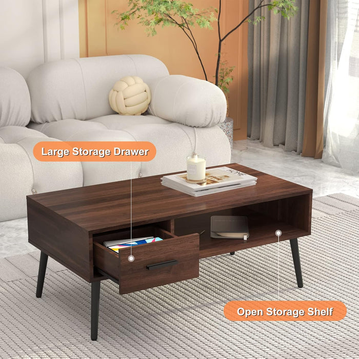 Coffee Table, Mid Century Modern Center Table for Living Room with Storage, Walnut Tea Table with Drawer, Open Storage Shelf, Floor-Anti-Scratching Pine Leg for Home, Office(Dark Brown)