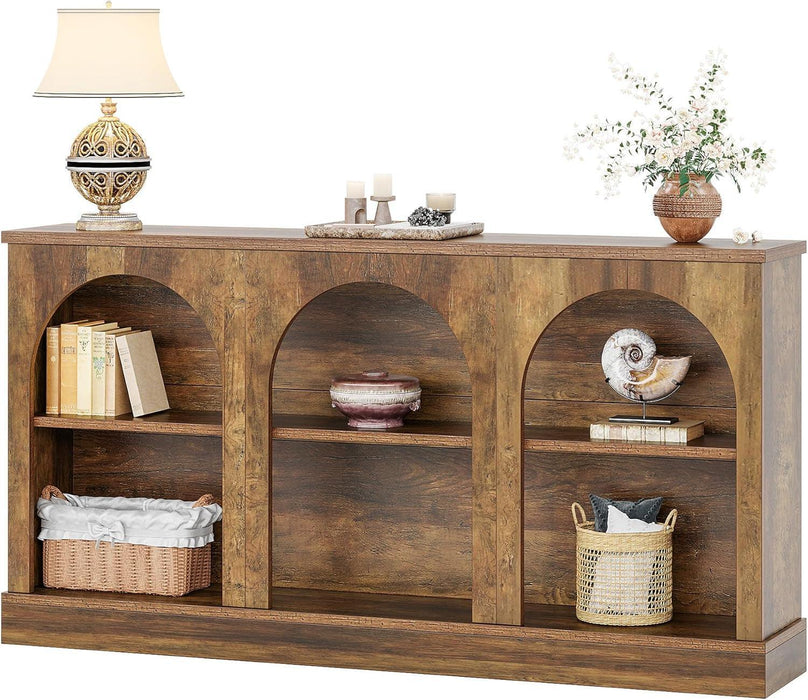 Farmhouse Console Table, 63-Inch Long Entryway Table with 3 Tier Storage, Wooden Rectangular Sofa Table behind the Couch for Entrance, Hallway, Living Room, Brown | Entryway Table, 3 Tier Storage, Rectangular, Sofa Table, behind the Couch, Entrance