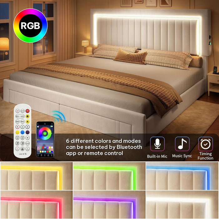 King Size Bed Frame with Adjustable Headboard, 4 Storage Drawers and RGB LED Lights, Velvet Upholstered Platform Bed with USB Ports, No Box Spring Needed, Fast Assembly, Noise-Free, White