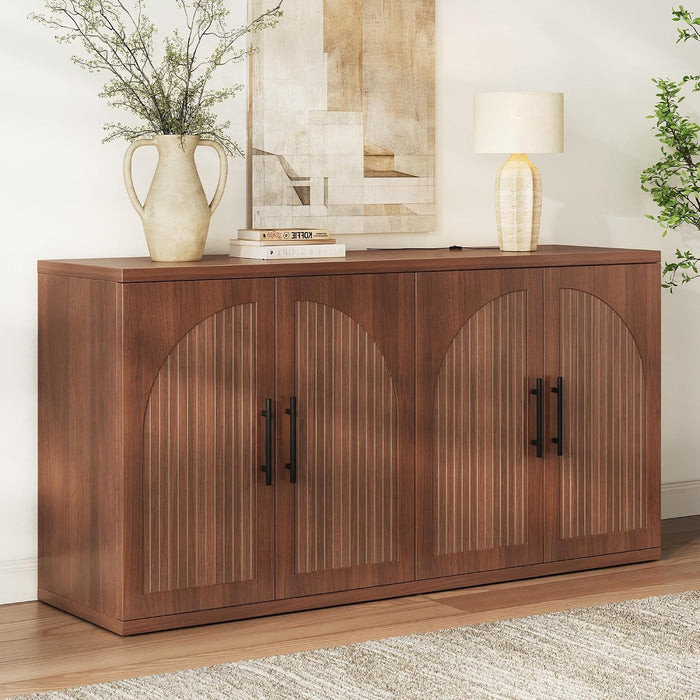 63" Fluted Buffet Cabinet with Storage, Mid-Century Symmetrical Arched Sideboard Credenza with Adjustable Shelf, Large Wood Console Table for Dining Room, Kitchen, Living Room (Warm Walnut)