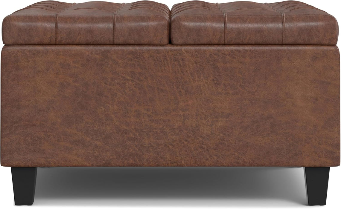 Harrison 30 Inch Wide Transitional Square Small Coffee Table Storage Ottoman in Distressed Saddle Brown Vegan Faux Leather, Assembled, for the Living Room and Bedroom