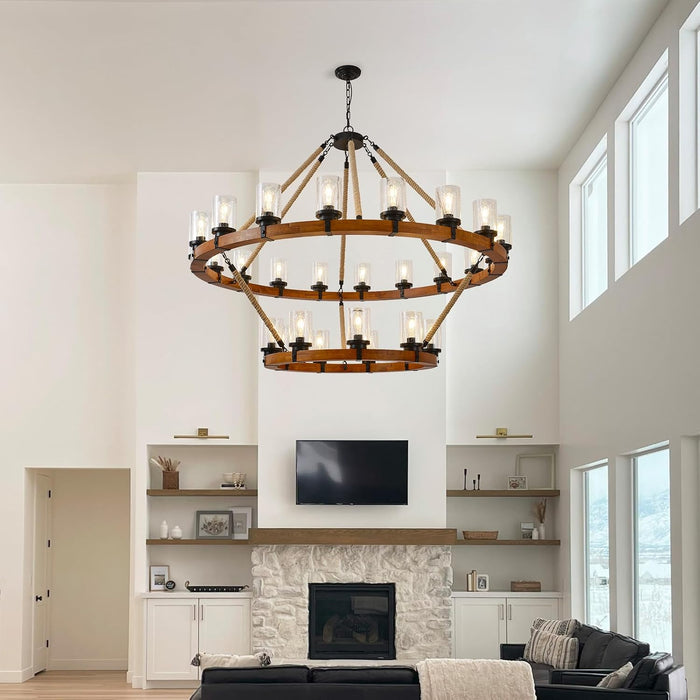 60" 2-Tier Wagon Wheel Chandelier 27-Light Extra Large Wood Chandeliers