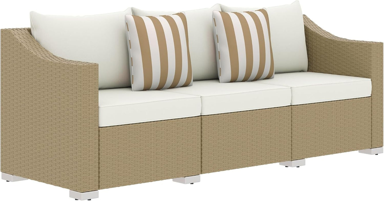 3 Seater Patio Sofa, Wicker Sofa with Cushions, Outdoor Furniture Rattan Couch with 2 Throw Pillows, Deep Seating, for Garden, Backyard, Porch, Cream White