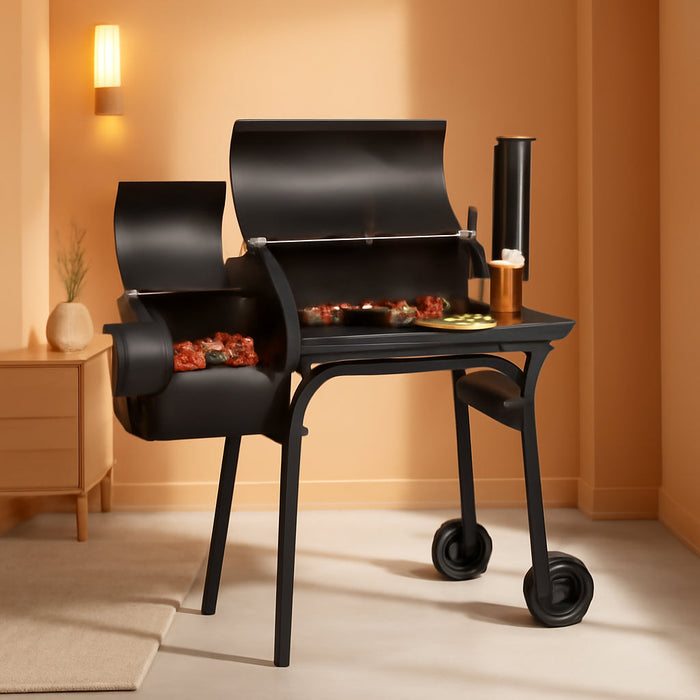 Charcoal Grills Outdoor BBQ Grill Offset Smoker with Wheels Side Fire Box Portable Barbecure Grill for Outdoor Cooking Backyard Camping Picnics,Black