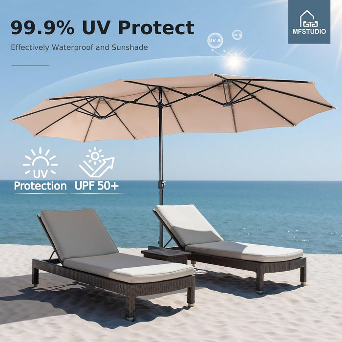15Ft Patio Umbrella with Solar Lights & Base, Double-Sided, Beige