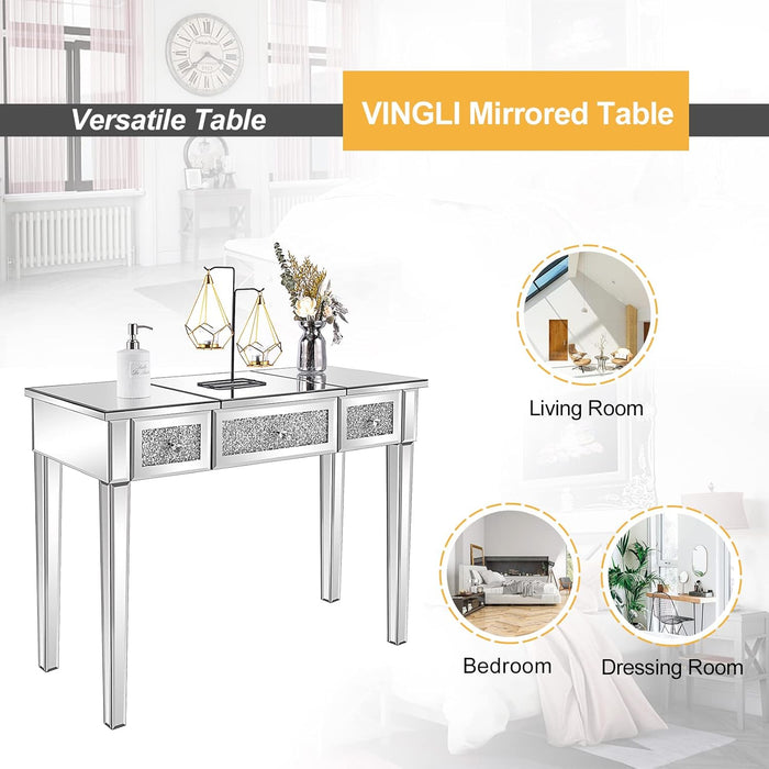 Silver Mirrored Vanity Desk, Glass Vanity W/Drawers and Flip Mirror, Bling Mirror Vanity Desk for Women Girls Bedroom, Makeup Room & Office Writing Desk