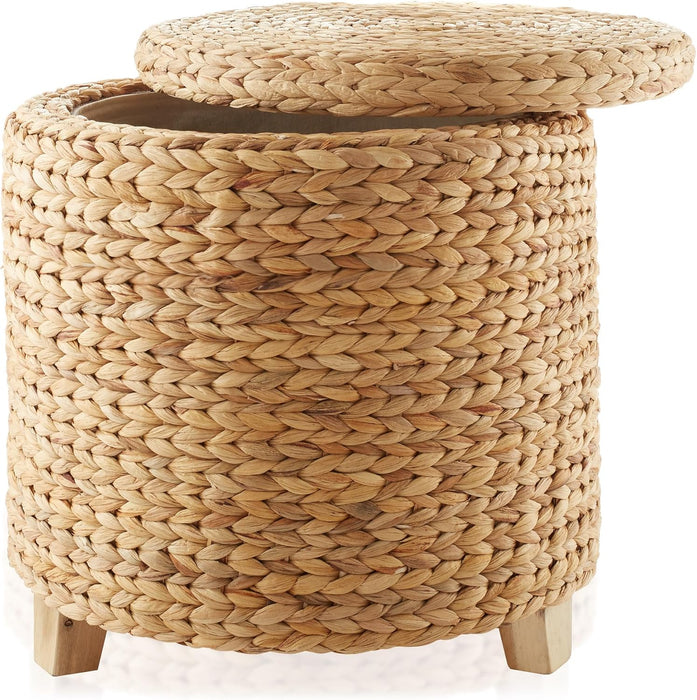 17" round Storage Ottoman with Lid - Natural, Handwoven Water Hyacinth Footstool for Living Room, Bedroom, Bathroom, Home Office
