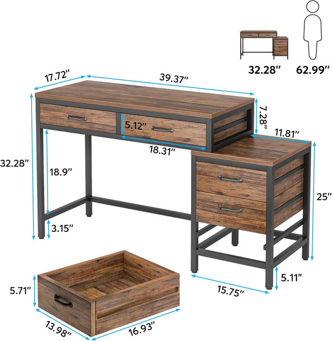 Computer Desk with 5 Drawers, Home Office Desks with Reversible Drawer Cabinet Printer Stand, Industrial PC Desk with Storage, Rustic Study Writing Table Workstation for Small Spaces