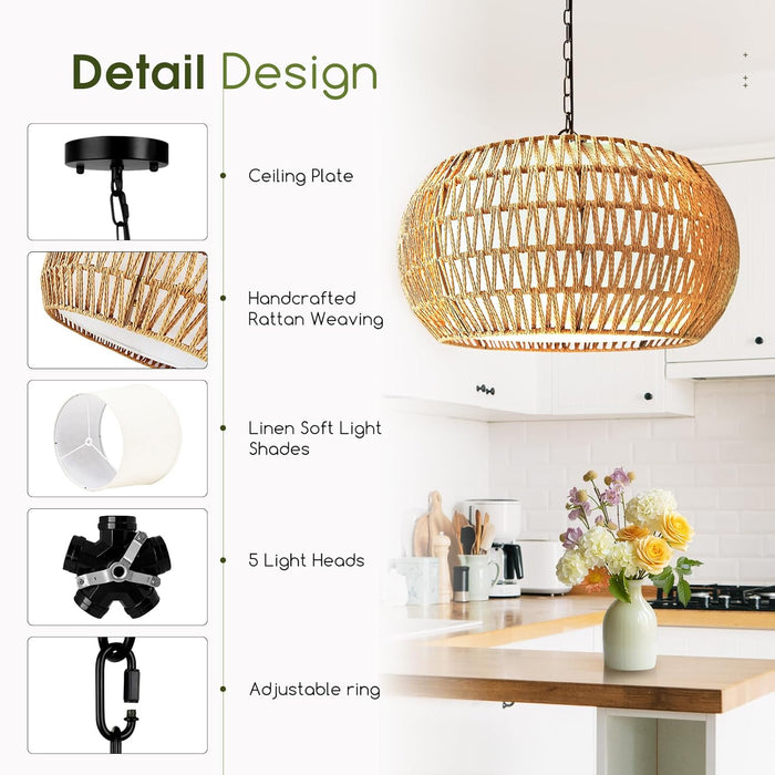 19 Inch Natural Rattan Chandelier Bohemian Farmhouse