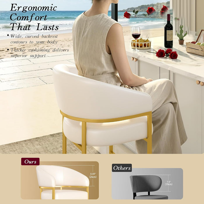 Modern Counter Height Bar Stools,Bar Stools Set of 3,PU Leather Upholstered Barrel Barstools with Backs,26" Kitchen Island Chairs,Metal Gold Frames,Support 480 Lbs,Beige White Leather
