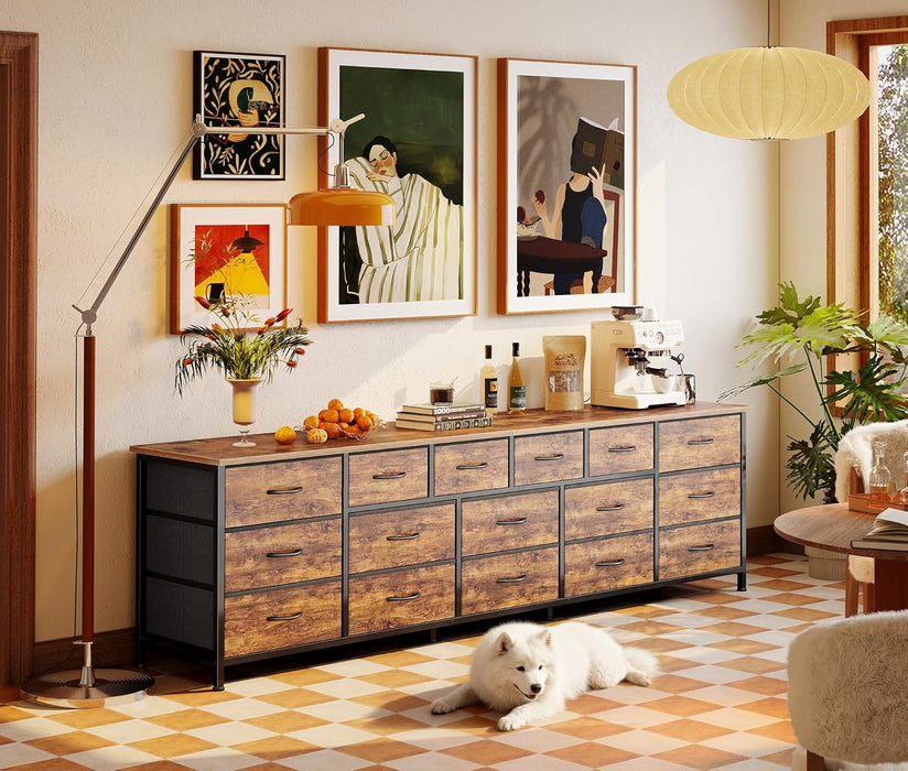 77.6" Long Dresser for Bedroom, 16 Drawer Fabric Dresser for Closet, Wide Chest of Drawers with Storage, TV Stand for 65, 75, 85 Inch TV, 77.6" W X 13" D X 26.4" H, Rustic Brown