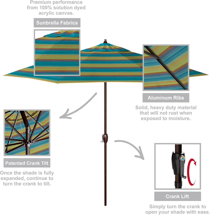 12-Year Protection 9-Ft Outdoor Patio Umbrella, Sunbrella Fade-Resistant Acrylic Fabric, Auto Tilt and Crank, Heavy-Duty Aluminum Frame/ Reinforced Ribs, Bronze Pole, Astoria Lagoon