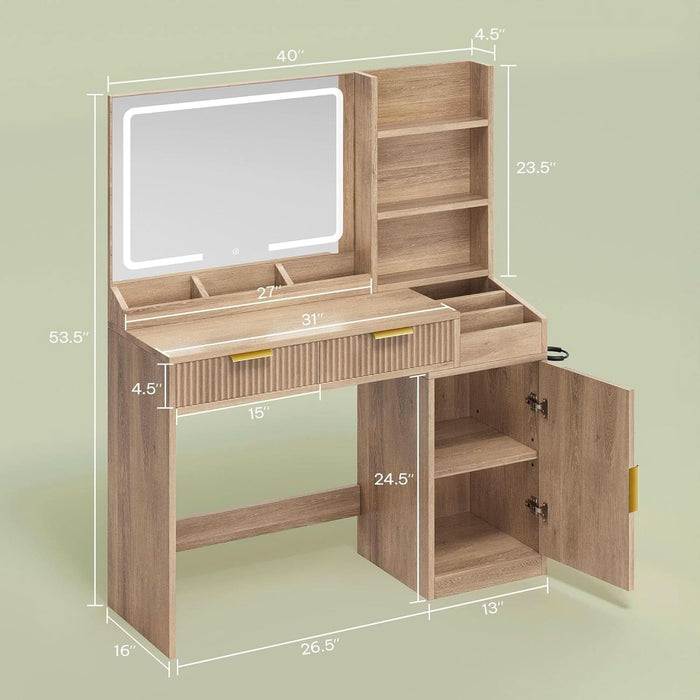 Fluted Makeup Vanity Desk with Large 27" Mirror and Lights, Modern Big Makeup Table with Power Outlet, 11 Shelves & 2 Drawers, 3 Color Lighting Modes, Dressing Table Vanity Set for Bedroom, Oak