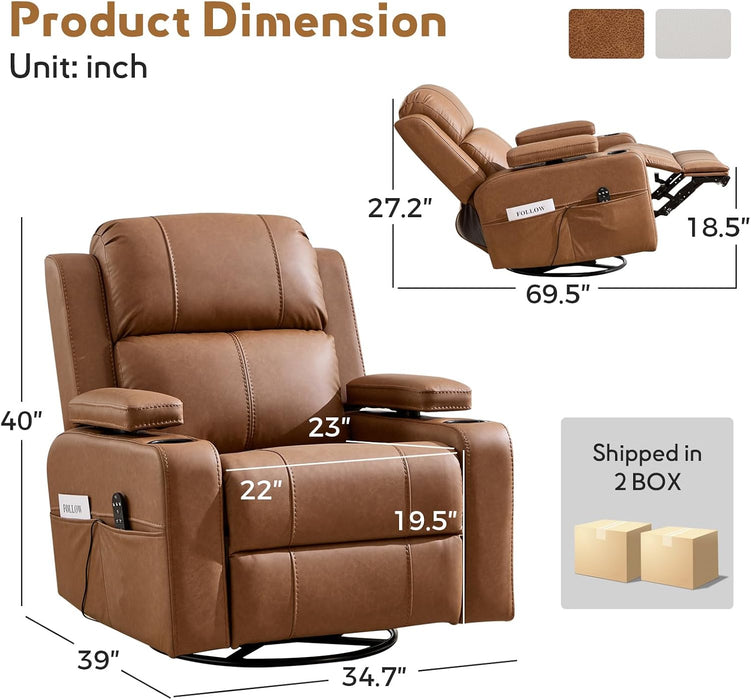 Power Swivel Rocker Recliner Chair with Adjustable Armrests, Brown