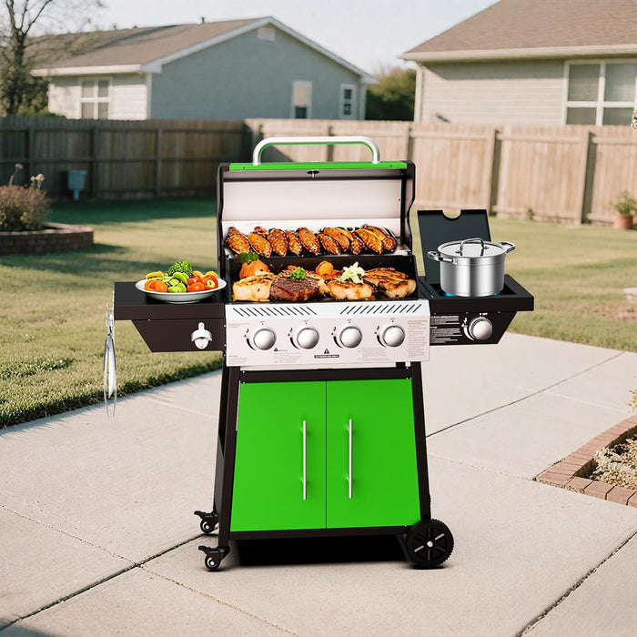 4-Burner Propane Gas BBQ Grill with Side Burner, 50,000 BTU Output Barbecue Grill with Stainless Steel Grates and Side Tables for Outdoor Cooking Kitchen, Patio and Backyard, Green
