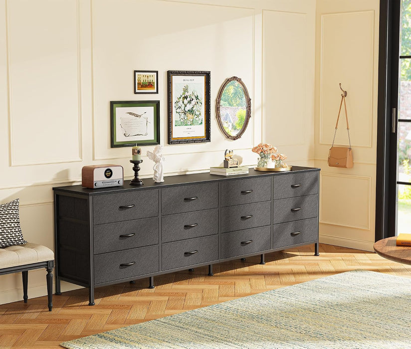 70 Inch Black Dresser for Bedroom, TV Stand for 65, 75, 80 Inch TV, 12 Fabric Drawer Long Dresser, Wide Chest of Drawer, Storage Units for Living Room