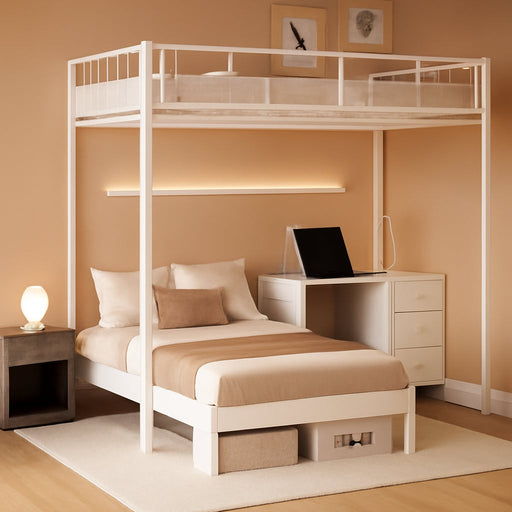Twin Over Twin White Bunk Bed LShapedDeskWithChargingAndStorage
