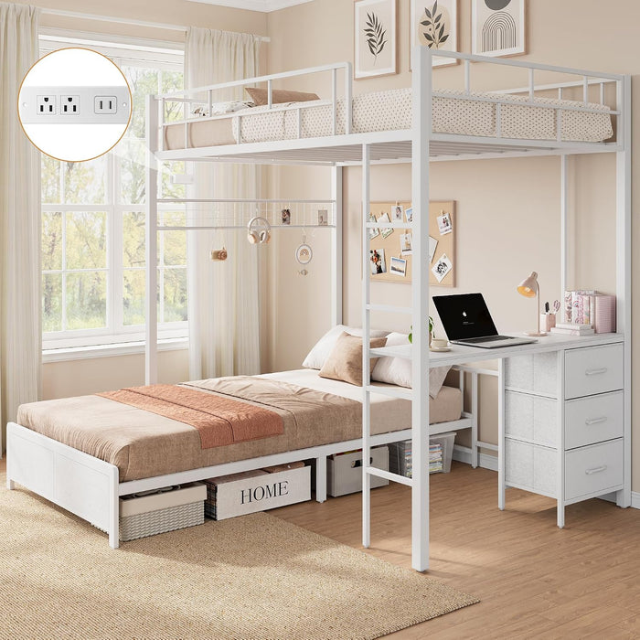 Twin Over Twin White Bunk Bed LShapedDeskWithChargingAndStorage
