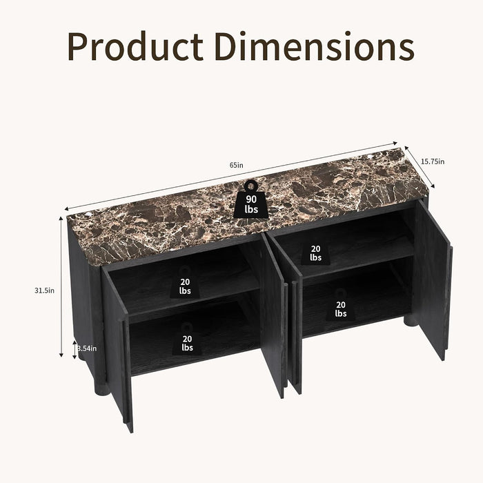 65" Sideboard Buffet Cabinet with Storage, Faux Marble Top Credenza with Adjustable Shelves, Curved Accent Cabinet with round Legs for Living Room, Entryway, Coffee Bar, Black Grey