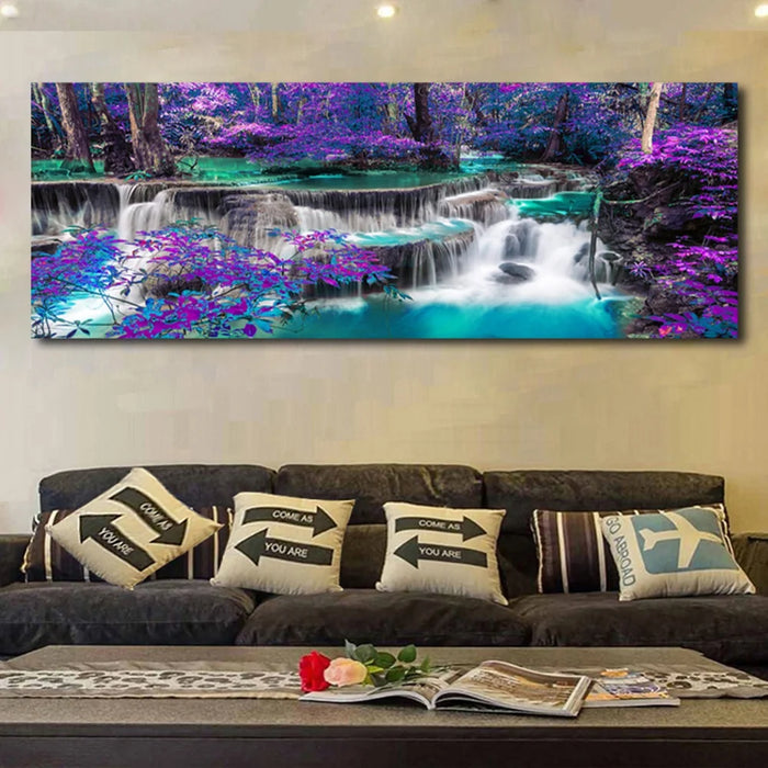 Waterfall Canvas Wall Art Purple Trees Forest Landscape Painting Picture Prints Black and White Purple Bathroom Bedroom Decoration Unframed 15.7*47.2 Inch