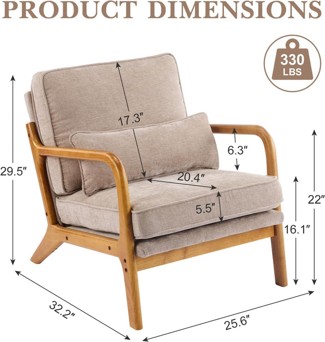 Mid Century Modern Accent Chair with Lumbar Pillow & Oak Arms – Plush Chenille Living Room Chair for Bedroom, Lounge (Khaki)