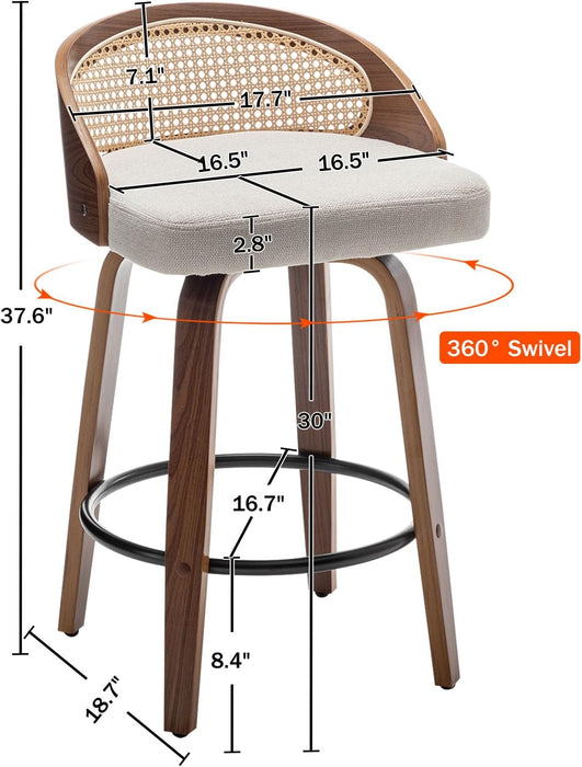 30" Swivel Rattan Bar Stools Set of 2,Mid-Century Modern Beige Linen Fabric Upholstered Counter Height Stools,Kitchen Island Barstools with Rattan Low Backrest,Walnut Wood Finish Bar Chair