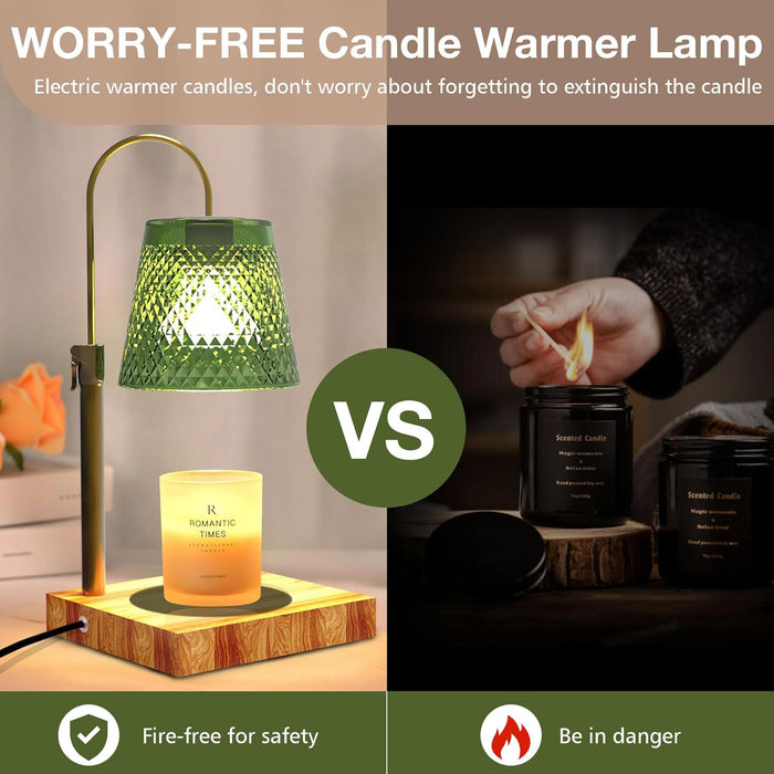 50W Candle Warmer Lamp with Timer & Dimmer - Electric Wax Melt Warmer, Adjustable Height, Wood Base, 2 Bulbs, Gift Packaging for Christmas, Birthday, Home Decor, Mother'S Day, Bedroom(Green)
