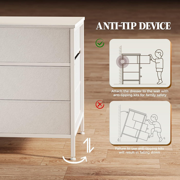 63 Inch Dresser for Bedroom, Long Dresser with 10 Fabric Drawers, TV Stand for 55, 65, 70 Inch TV, Toy Storage Organizer for Closet, White