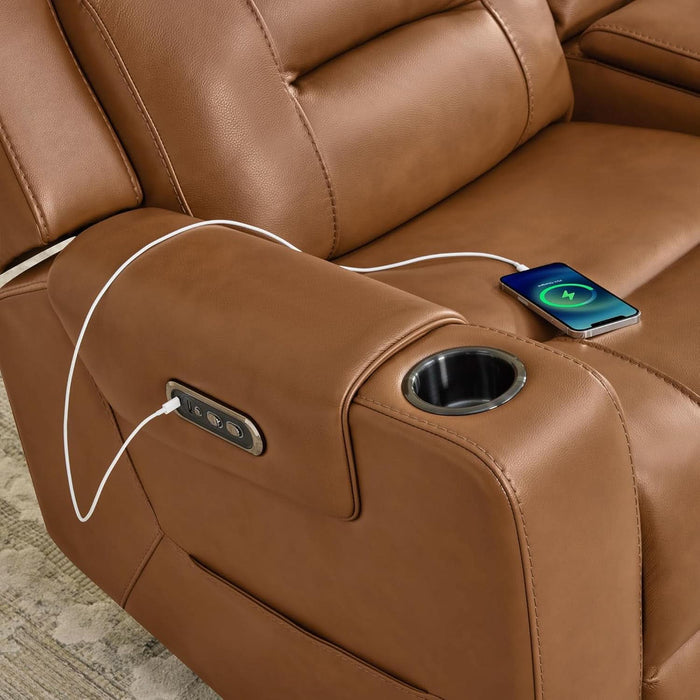 Genuine Leather Power Loveseat Recliner Sofa, Lay Flat Loveseat Reclining Sofa with Power Headrest, Cup Holders, USB & Type-C Ports, Dual Recliners for Living Room, Saddle Brown